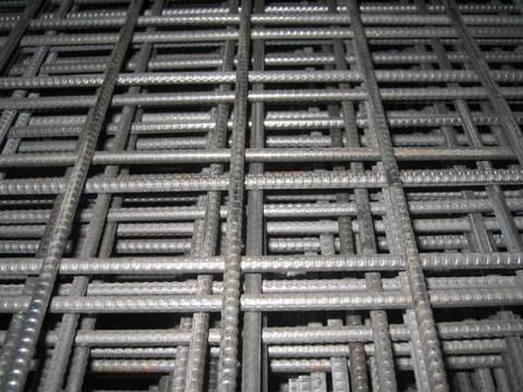 Deformed concrete reinforcing mesh sheets with 200 mm square mesh size.